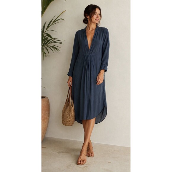 CP Shades Dresses & Skirts - CP Shades Blue Long/Midi Dress in Cotton-Silk Blend with V-Neck and Pockets SZ L
